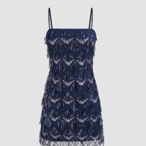cider blue sequins square neck geometric tassel mini dress